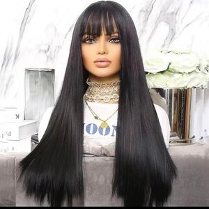 Human hair blend black straight wig.